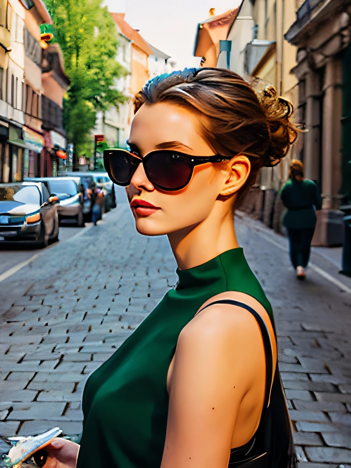 Street style painting of a woman, Thin sunglasses, Looking at this, Shoulder to top angle, Johannes Vermeer, Europe, high quality