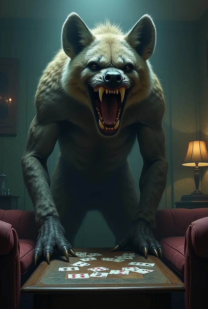 A huge evil wide grinning hyena exposing a set of sharp yellow teeth standing tall in a living room playing cards on a table, background shadows, nightmare 