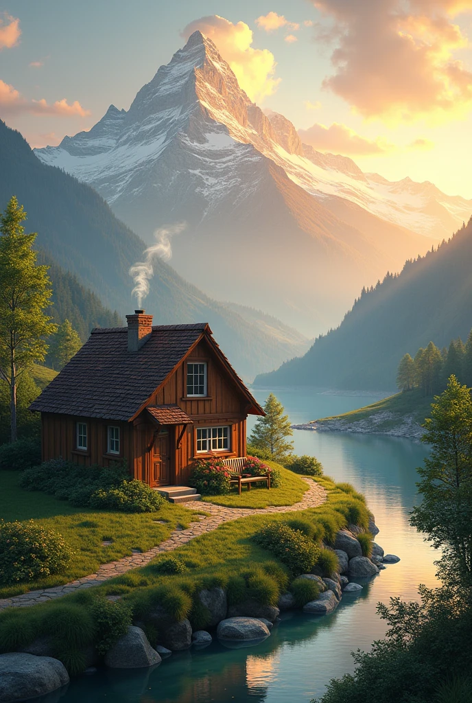 A small house near mountain with sun rise nearby river