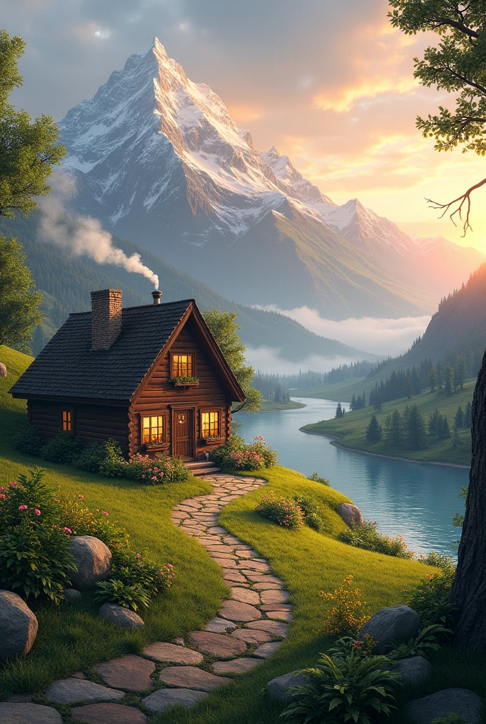 A small house near mountain with sun rise nearby river