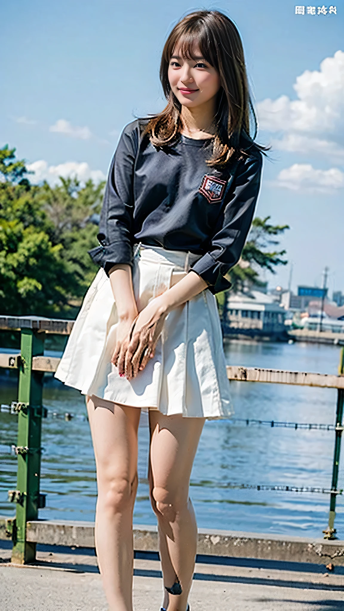 Highest quality、masterpiece、Japanese beautiful girl、15-year-old junior high school student、low length、Casual summer outfit、Small breasts、Shooting in the open air、Front view from the knees up