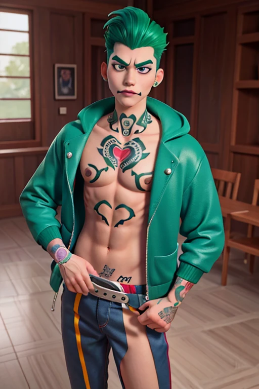male、18age、A blank face、Clown style、Slicked back hair、My hair is stuck to my skin、Green Hair、A jacket that gives a glimpse of your chest、Full body tattoos、Tattoo on chest、Tattoos on the face、Tattoo on arm、funny Face、
