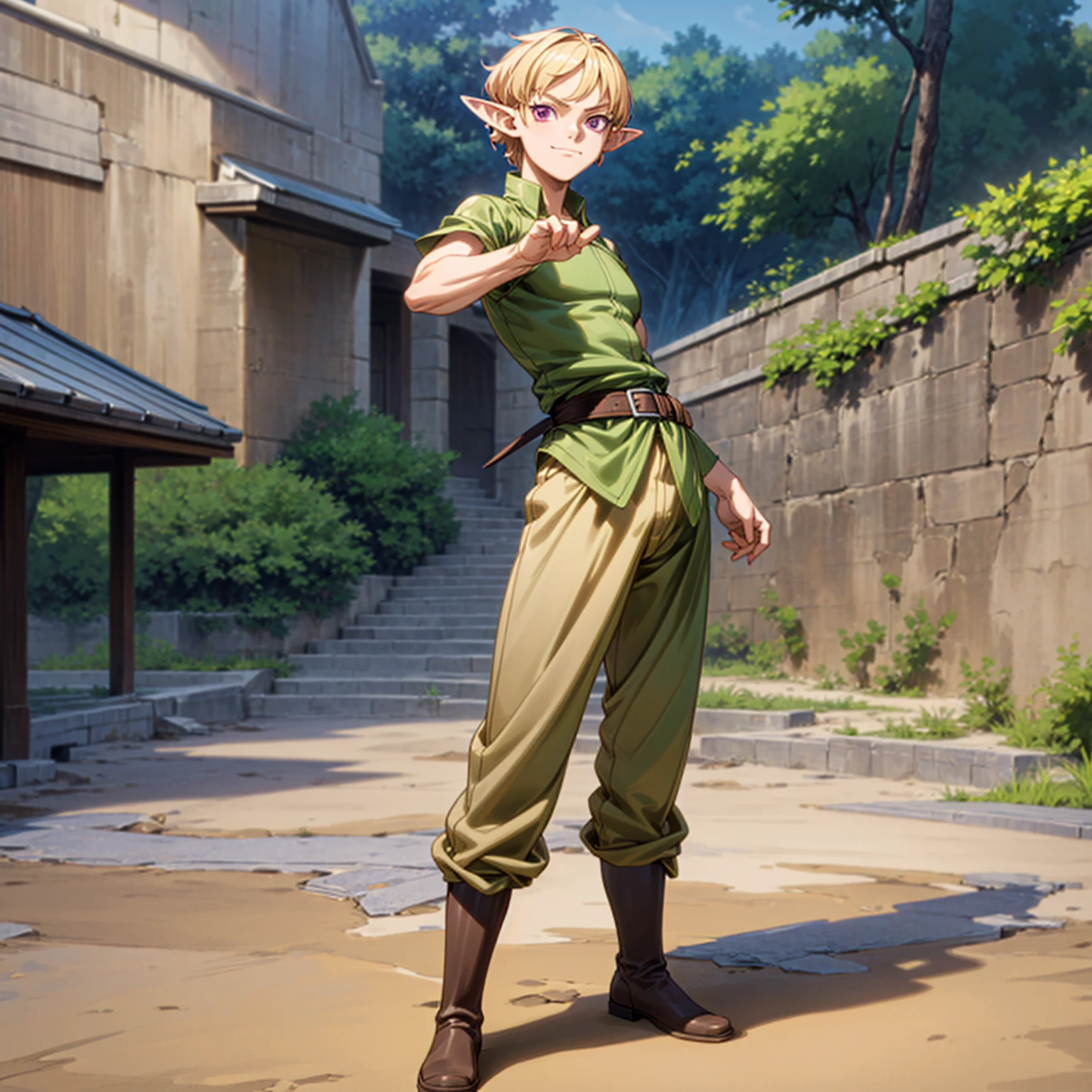 Solo character, full body version, young man, muscle, (elf), purple eyes, blonde color hair, Curly haircut, soldier clothing, brown long pants, boots, outdoor, town, detailed background, detailed clothing, detailed hair, muscle, standing gesture, (food wars style art, one piece style art), happy eyes, Sword in hand 