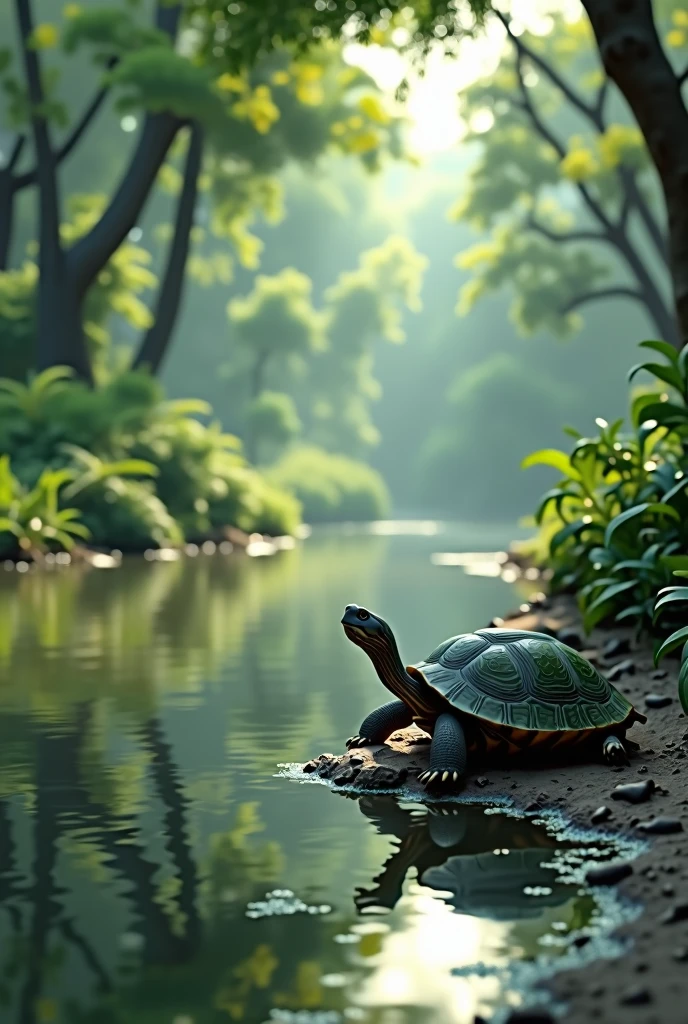 In 3d animation style "The Beautiful Riverbank ◦ A serene river flowing through a dense forest. The riverbank is green and lush, with trees and bushes surrounding it. A small, slow-moving kachhua (tortoise) is seen near the water's edge, looking peaceful and content."
