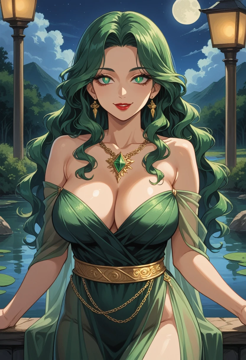 Anime, High-resolution illustrations, unrivaled masterpiece, ultra-realistic 8k CG, perfect artwork, (fidelity: 1.5), ((night)), Very beautiful girl, mature, (solo), long wavy hair , silky green hair, sparkling slit eyes, (slit pupils:1.4), huge, (curvy), seductive body, ((natural makeup)), (green eyeshadows), large breasts:1.2, (Compressed chest:1.3), (tempting body), ((flowing, sheer black fantasy dress that is tightly draped over her busts making them bulge out. The dress is shoulderless, secured with golden accessories, including a decorative belt or chain around her waist)), necklace, character in the middle, standing, lake near palace, seductive smile, lipstick