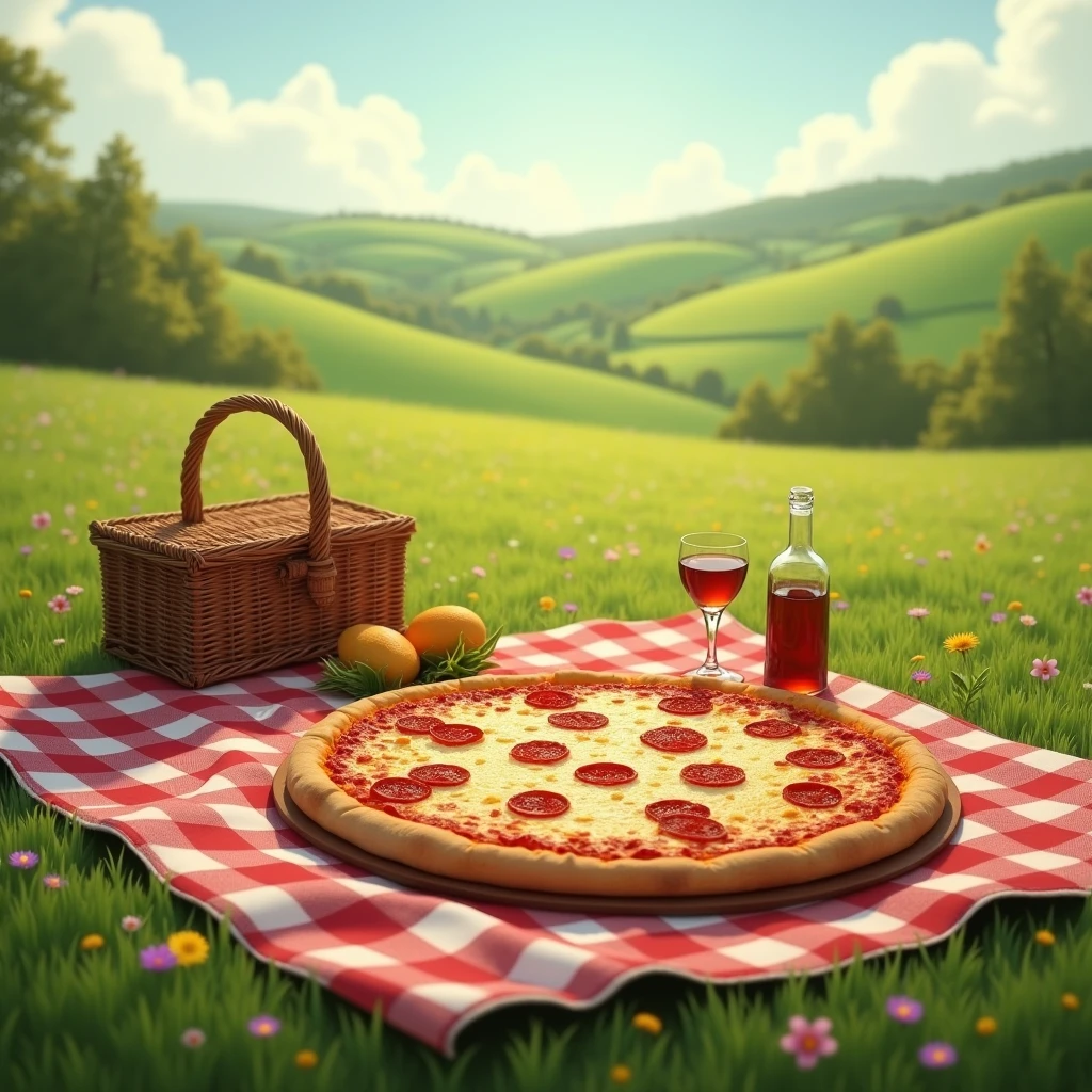 garden，grassland，blanket，An Italian pizza，Pizza is the main，Pizza occupies the largest area