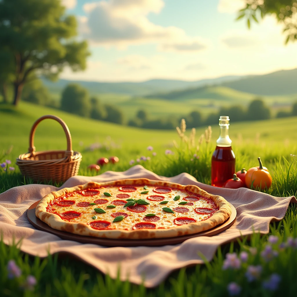 garden,grassland,blanket,An Italian pizza,Pizza is the main,Pizza occupies the largest area