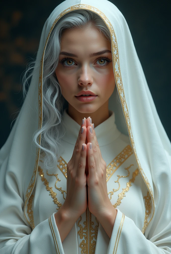 best quality (4K, high resolution, masterpiece:1.2), ultra-detailed, realistic (photo-realistic:1.37), Ilaria, the Reverend Mother of the Holy Faith, authoritative spiritual guide, portrait, ((wearing elegant white robes with golden embroidery signifying her high rank)), ((Perfect round and perky breasts)), wise yet soulful gaze, deep brown eyes, poised stance, ((elegant silver hair coiled under her hood)), serene and commanding aura with a hint of wisdom, deep blue and gold color scheme, sharp focus, perfect, sacred lighting, confident, serene demeanor, emotive smile, powerful divine magic and spiritual energy radiating from her eyes, holy temple with a peaceful, inspiring background, tranquil yet empowering atmosphere, inspired by fantasy art and divine mythology, emphasizing her allure, wisdom, and spiritual authority, meticulous attention to facial details showcasing her age and wisdom, striking visual impact, expressive yet authoritative facial features, supernatural elements blended with a serene reality, (exceptionally detailed:1.3), super finely detailed and gentle hands, ultra finely detailed fingers (ten fingers), suggestive, inspiring posing, full body showcase, no logos in the background.
