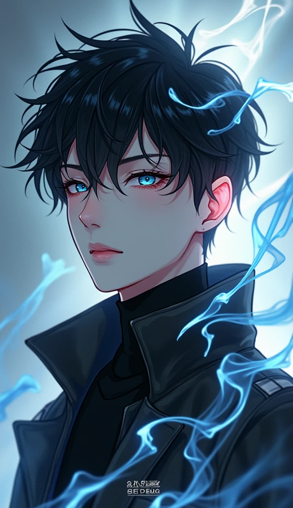 Create a 3D illustration of a 25 year old boy pure devine White skin, wearing a Black jacket with glowing color, smoke artistically forming a frame edit Photoshop Computer named, anime style, detailed face, focus on face, 8K