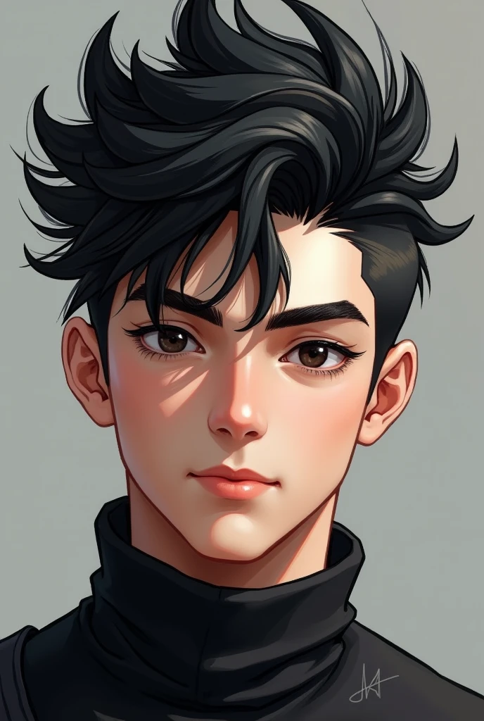 Generate an image of an extremely handsome boy having all spiked upwards raven black hair with only a single lock of hair hanging down his forehead, his hairstyle is like Gohan and make his face very handsome and charming.