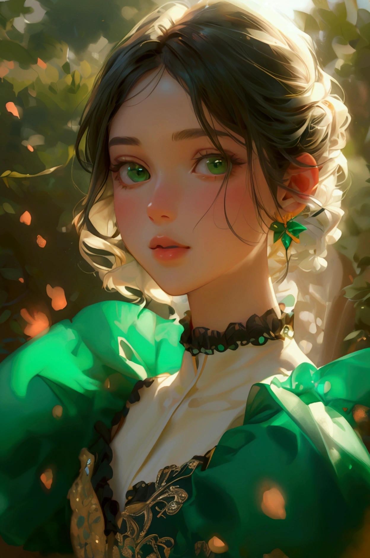 Full image of a cute girl, speaking in a mike, wearing green beautiful full body dress, outdoor, realistic girl, full body character showing