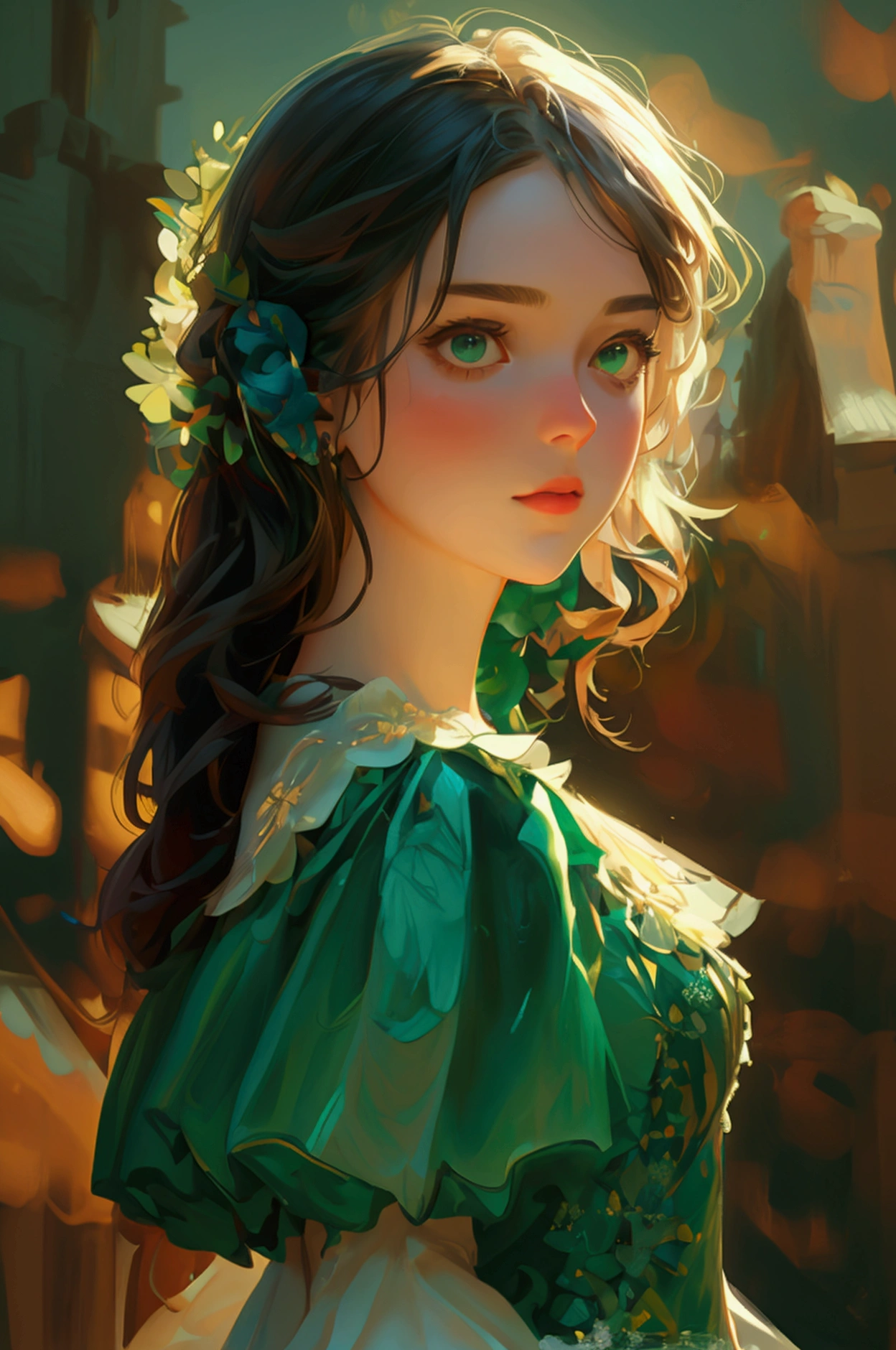 Full image of a cute girl, speaking in a mike, wearing green beautiful full body dress, outdoor, realistic girl, full body character showing 