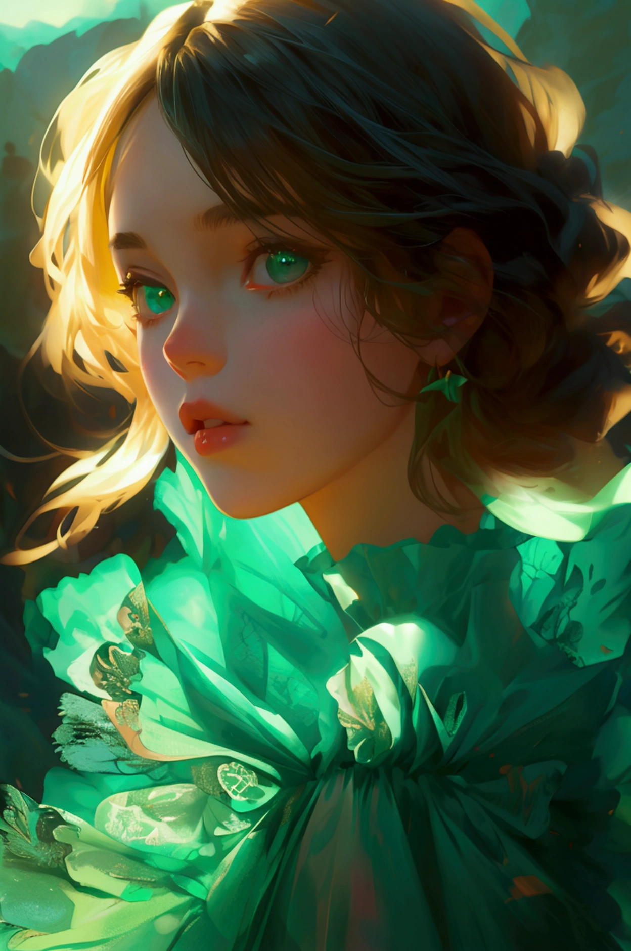 Full image of a cute girl, speaking in a mike, wearing green beautiful full body dress, outdoor, realistic girl, full body character showing