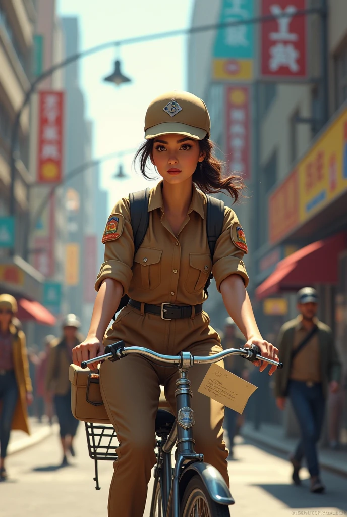 Post office working girl brown uniform with letter in cycle travel in busy street  near  boy age 28 with colour dress 
