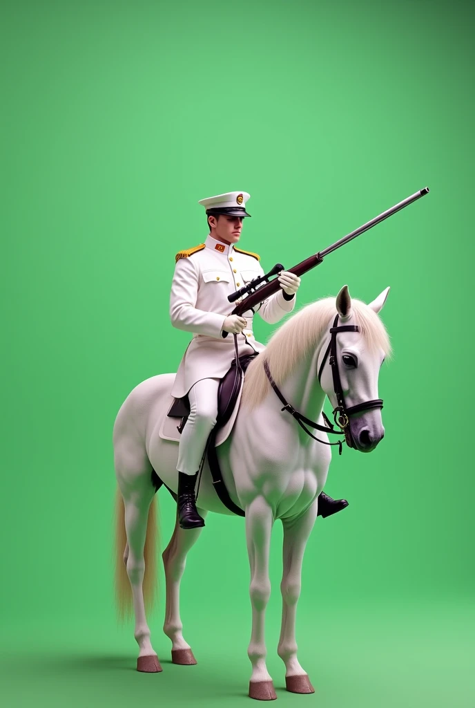  white dress  male Soldier seated without cap on white horse with  handed Sniper gun with plain green screen, full viewed horse.
