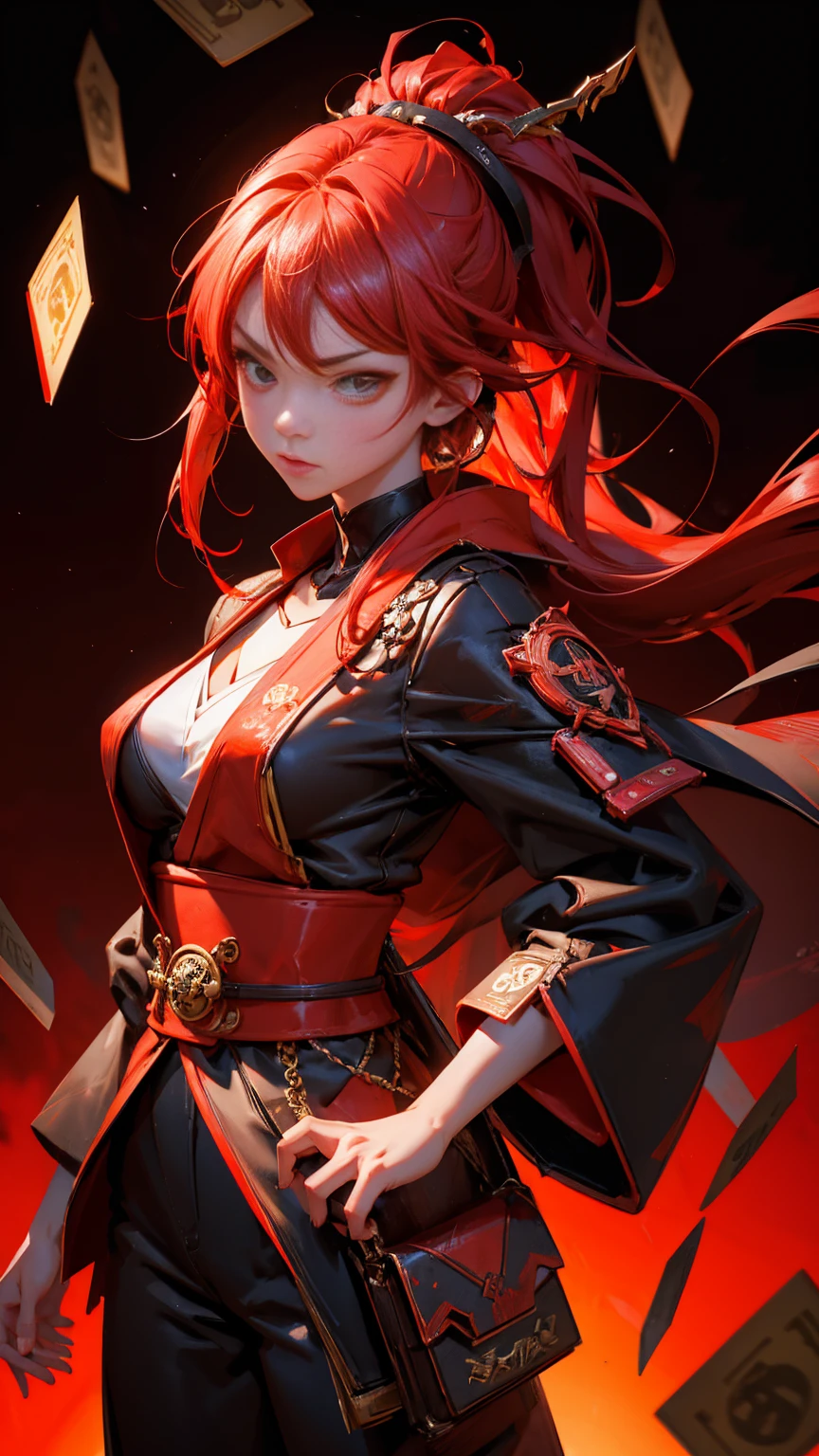 A Japanese girl with a pile of coins, angry 8 k, Bad trader, shocked face, Red color theme, bitcoin evil, 3 d epic illustrations, hyper realistic fantasy bad trader, background artwork of staock exchange, 3 d game art, 3d game art, digital arts, Red theme as facing loss, Girl character design, illustration daily deviation, game art, losing control, greedy