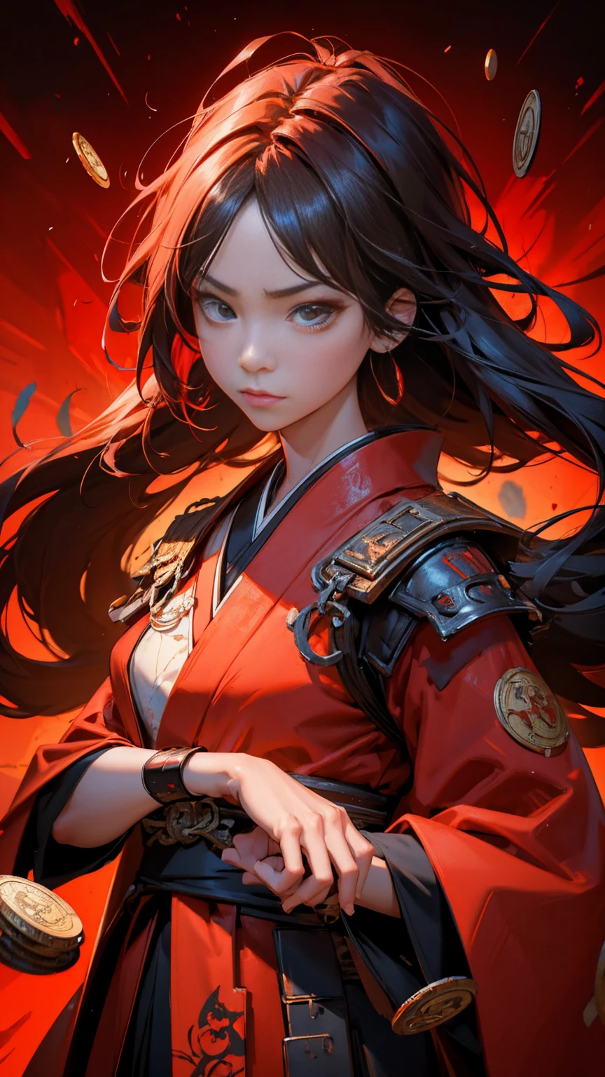 A Japanese girl with a pile of coins, angry 8 k, Bad trader, shocked face, Red color theme, bitcoin evil, 3 d epic illustrations, hyper realistic fantasy bad trader, background artwork of staock exchange, 3 d game art, 3d game art, digital arts, Red theme as facing loss, Girl character design, illustration daily deviation, game art, losing control, greedy