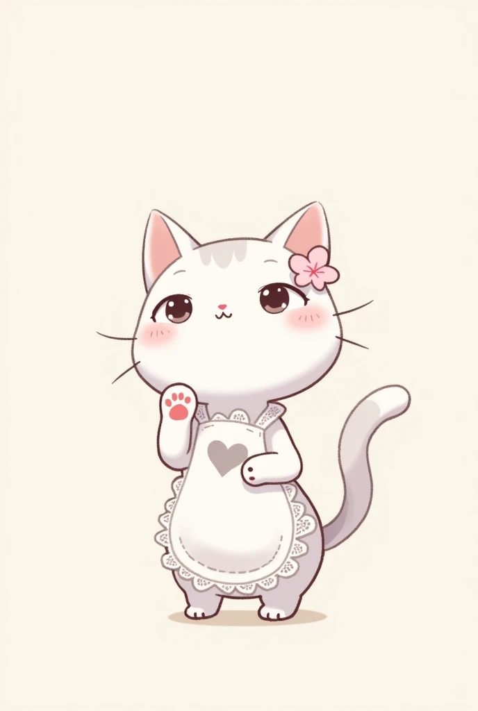 Anime Manga Illustration Style, Very cute slim white female cat, There's a pink flower in her ear, Stand and wave, A grey heart mark on her stomach, Lace apron from the waist down, Grey Tail, Pastel colored fluffy, Glitter effect