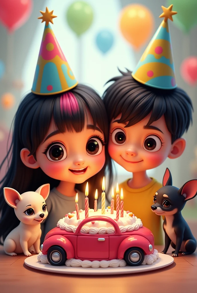 Pixar-style poster of a girl with black eyes, Long hair, straight, and black color with pink hair inside, con un chico con el cabello straight, black color but with some highlights (tips) Super light blondes with medium-circular lenses, 2 chihuahuas, A chubby creamy one and a skinny black one at his birthday party, May everyone have a birthday hat, and there is a super cute cake of cars