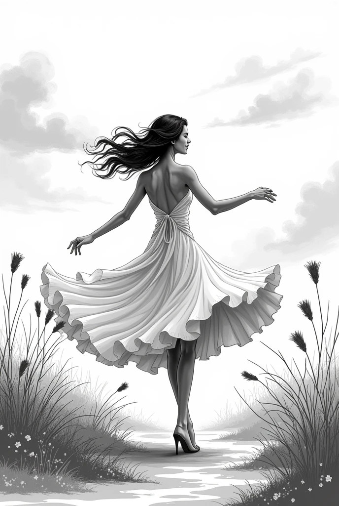 Black and white.. a women dancing, windy season, with sun clouds , doodle like images .