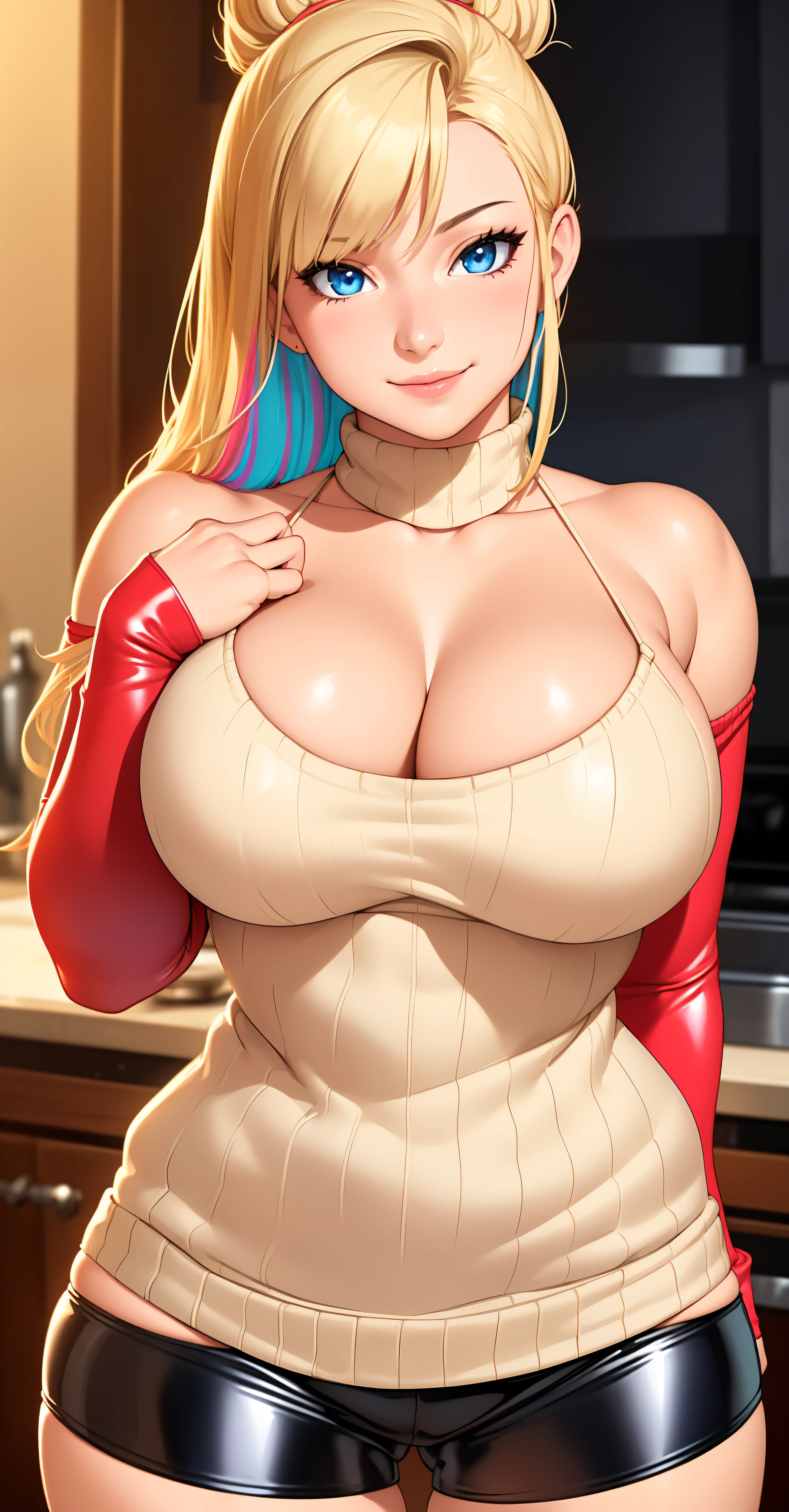 (Best Quality, ultra detailed, photorealistic: 1.39), bright and vibrant colors, studio lighting, romantic expression, smile of love, big breasts, Beautiful busty ((1 cute and beautiful girl, blue eyes)), ((multicolored blonder hair with bangs))Extremely sexy body, ((Red fitted sweater with high neck and long sleeves.)), ((Black latex shorts.)), shy smile, blush, (looking at the viewer), in a beautiful romantic kitchen, fit, muscular, hair, mercenary, pose frontal, neckline,absolutely black background