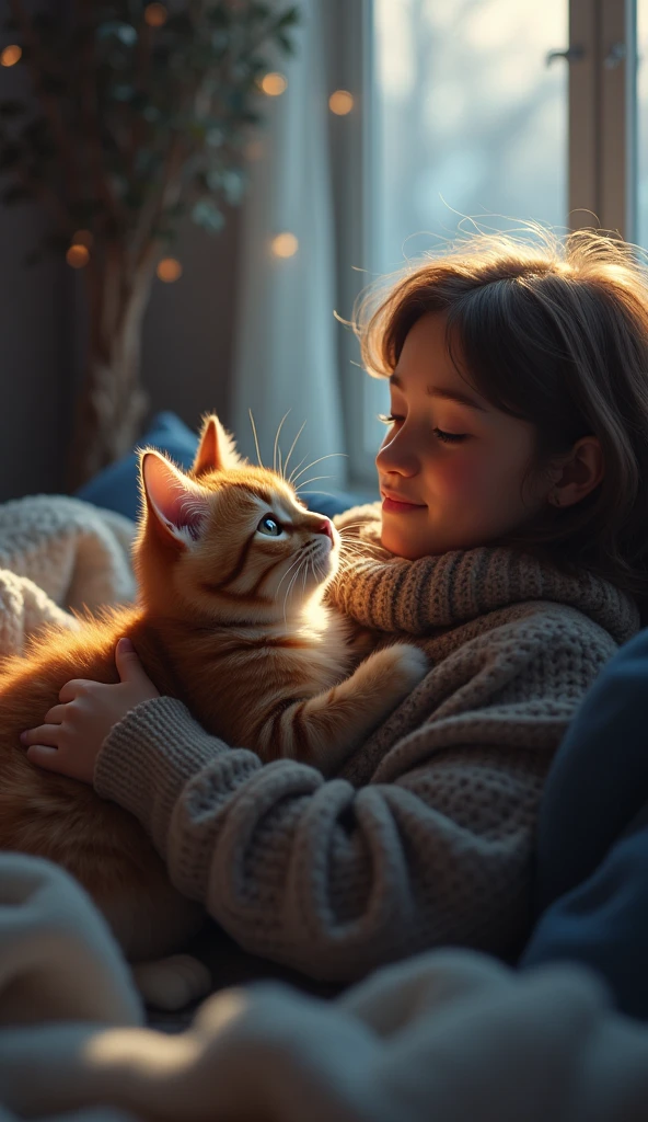  In a cold room, a cat snuggles close to its owner, trying to guide them to a warmer spot. The owner looks chilly, while the cat, with its fluffy fur, gazes up as if saying, “Let’s get cozy in a warm place together.” The scene conveys the cat’s effort to comfort and warm the cold room.Realistic、4K.8k.Realistic cat and master