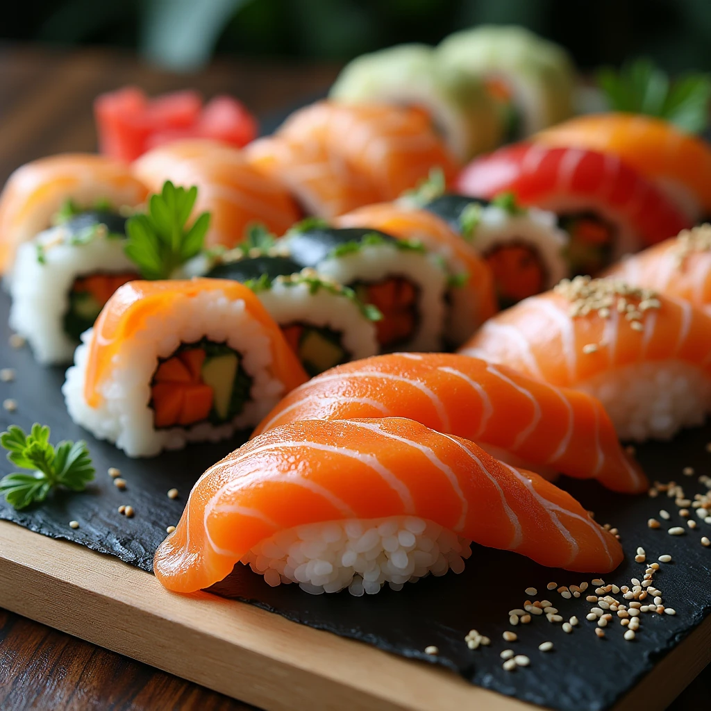 A plate of delicious salmon sushi and kimbap on the table，Japanese-style，Korean，
