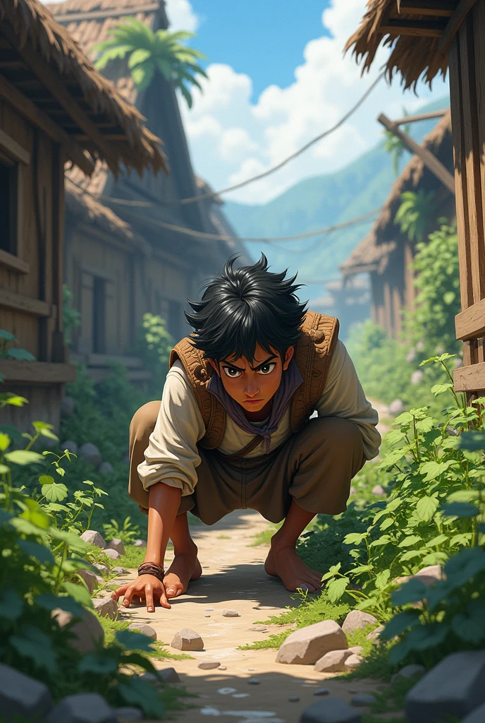 Ramu Searching: Ramu, intensely searching through the village, checking under bushes, inside old buildings, and by the riverside for the lost 6.

