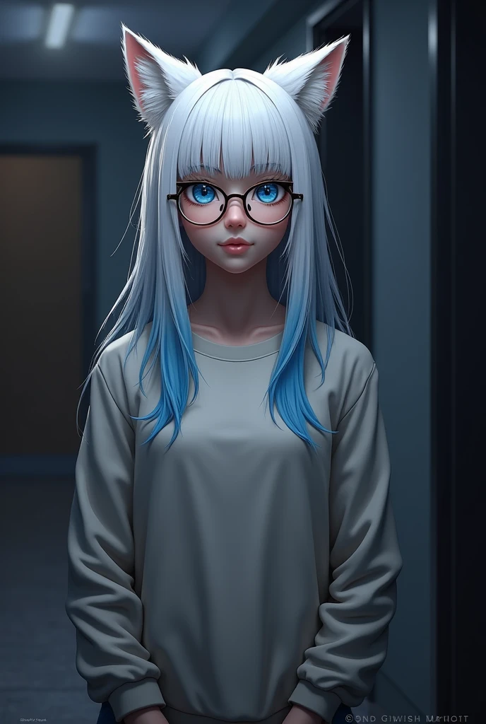 Furry, dog, dark colors, girl, straight hair to shoulder blades, wears glasses, blue eyes and hair tips, full height, reference, sweatshirt,anthropomorph