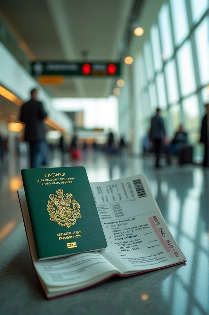 Ireland passport with boarding pass with airport boarding area background