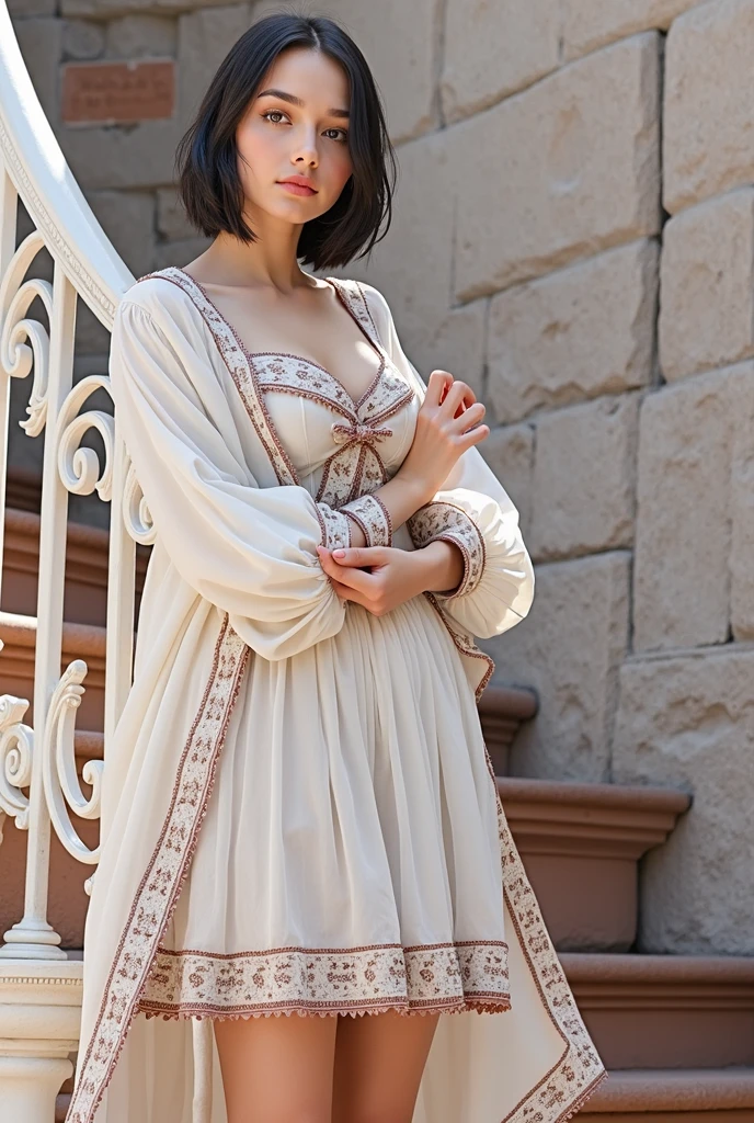 RAW photo, best quality, masterpiece, photorealistic, Polish girl, 20 years old, black hair, Light grey eyes, short bob cut, hair in 7 thirds, hair over one ear, Symmetrical eyes, solo, Detailed Skin, Detailed face, Detailed hands, Big Breasts, rip gloss