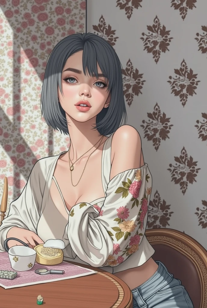 RAW photo, best quality, masterpiece, photorealistic, Polish girl, 20 years old, black hair, Light grey eyes, short bob cut, hair in 7 thirds, hair over one ear, Symmetrical eyes, solo, Detailed Skin, Detailed face, Detailed hands, Big Breasts, rip gloss
