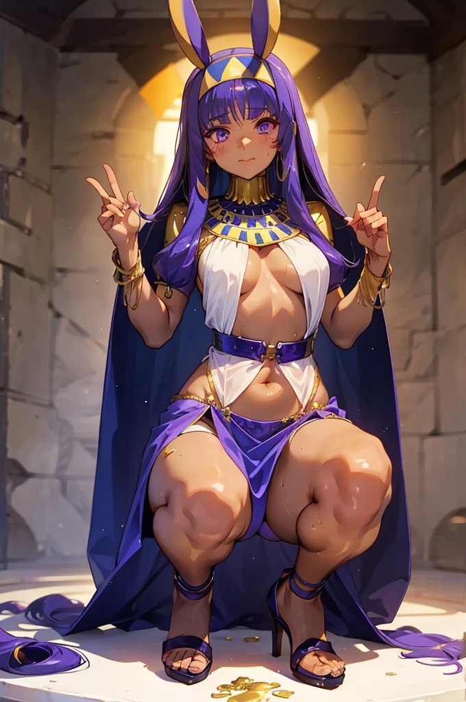 Nitocris、beautiful girl、Raise your hands to show your sweaty armpits,peeing、squatting、spread legs、high heels、shoes、hands on knees、touching vagina、