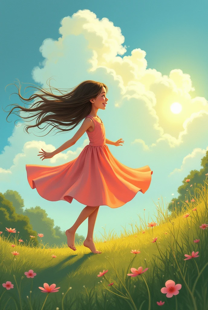 a girl dancing, wind, with sun clouds doodles