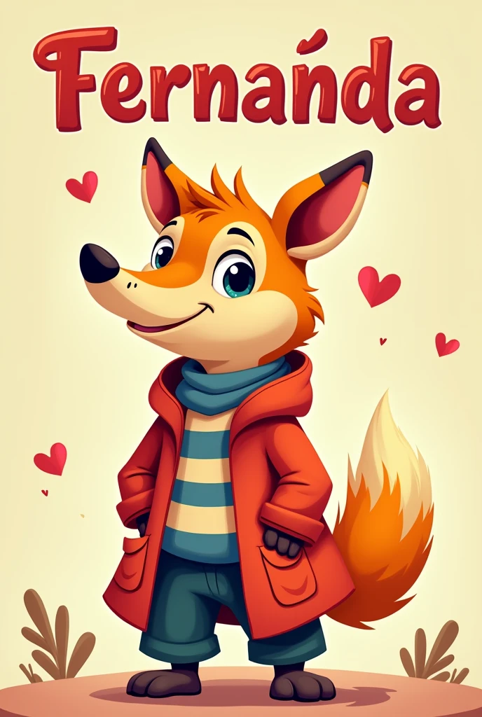 Create a flipbook cover Add Fernanda's name to the cover (Write the name in Spanish and with accents) at the top center of title.
adding a domestic female animal that is animated with clothes but is not fictional and is colorful.