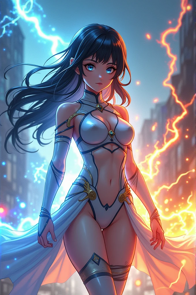 My hero academia anime girl, with black hair and white highlights, with ice power, fire, water and electricity 