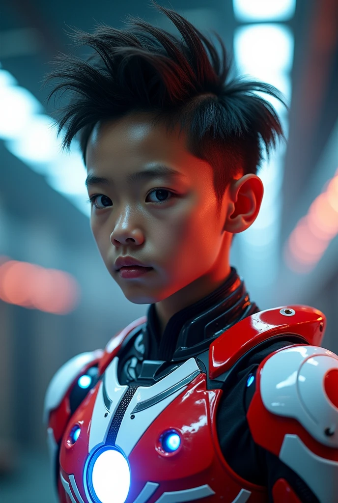 a young 15 year old boy wearing a red and white exoskeleton armor, a robot face on his body, with blue LED lights, malaysian mullet hairstyle, detailed face and eyes, highly detailed, 8k, photorealistic, cinematic lighting, concept art, sci-fi