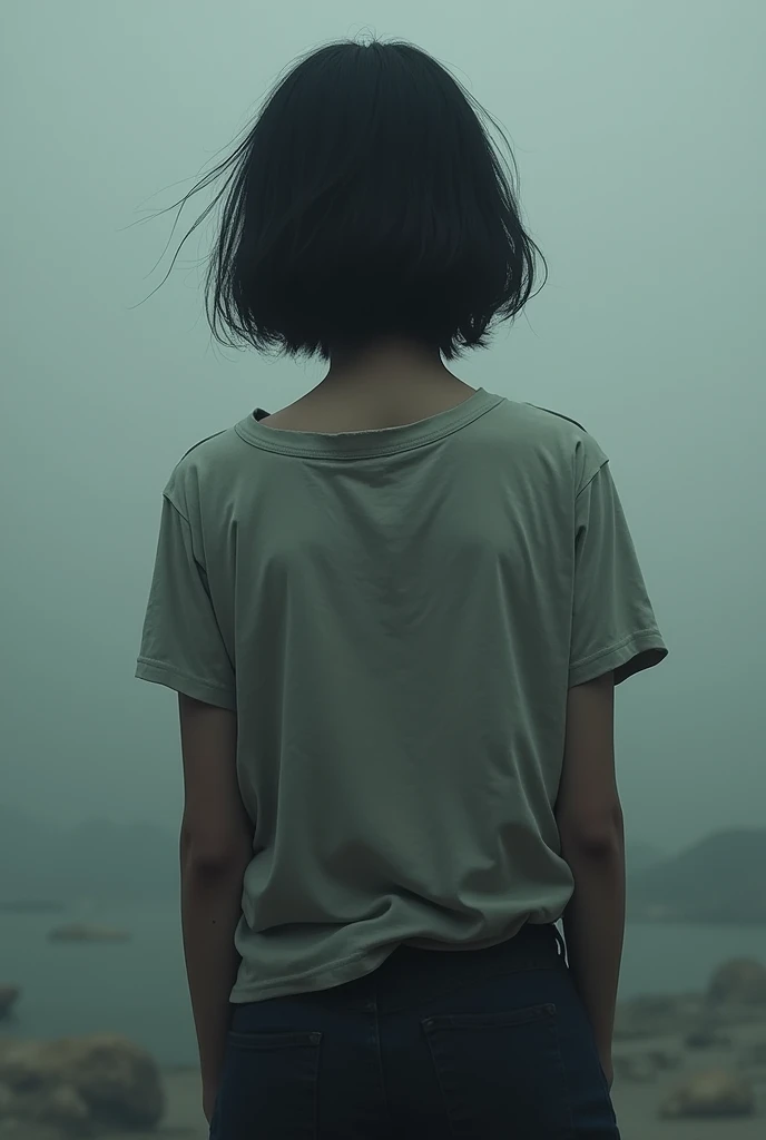 A woman with a short black hair with a heavy burden problems carry back view