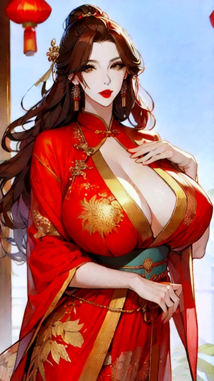 1 Woman, mature, High (1.85 cm), looks about 35 years old, has long black hair, straight and shiny, tied in the Chinese Taoist style, majestic black eyes, Extremely detailed eyes, perfect eyes, đôi mắt cực kỳ thực tế, balanced eyes, Long eyelashes, Anime style, perfect face, milf face, full red lips, mature, smooth white skin, natural body, sexy body, milf body, Perfect hands, detailed hands, arms in proportion to the body, đôi tay thực tế, arm with good anatomy, She was wearing only a red Chinese style dress decorated with gold and silver with phoenix motifs woven into the dress but still could not hide her extremely large and gigantic breasts., very big breasts, four hands can lift,breasts sag due to their size, thick thighs, wide hips, look at the viewer, The background is a Chinese-style pavilion., pose alone, look at the viewer.