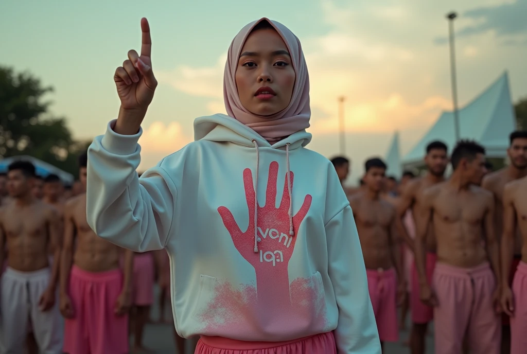 A hijaber indonesian pretty woman, wearing a  hoodie with a strong vector design featuring a silhouetted image of a five-fingered palm in pastel colour with love and light. The phrase "ELENG" is displayed in bold simple elegand, distressed typography with pastel colours, while holding her long skirt, wearing hijab, one-handed pose pointing upwards, in a public place, surrounded by many naked men, jav idol, with front shooting angle, very realistic, (complex detail: 0.9), (hdr, hyperdetail: 1.2), RAW, Sony Alpha a9 II, 24-105mm f/4, HDR,