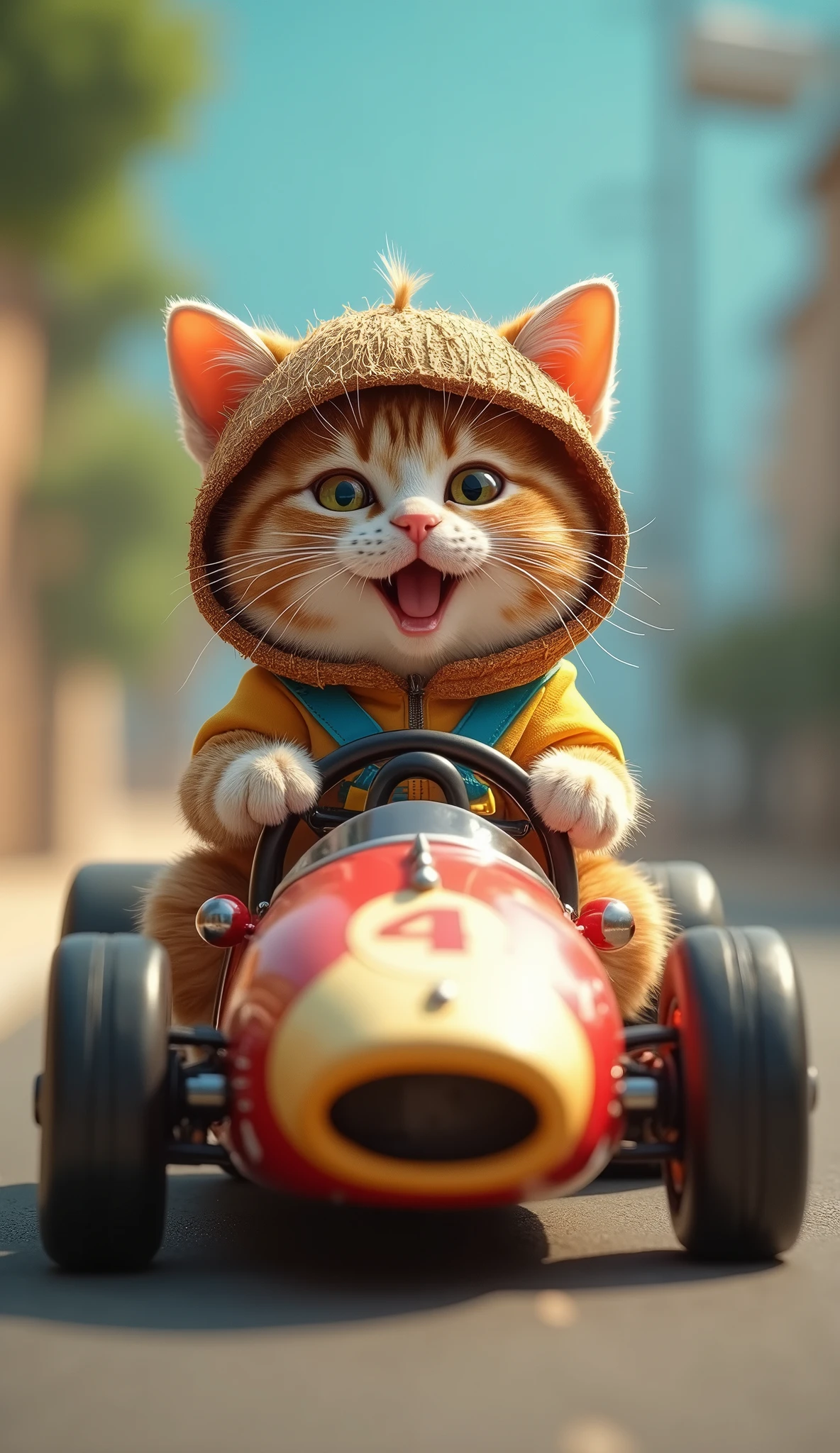 A photorealistic, 64K, image of a cute, fat cat riding a small formula car that is perfectly suited to its size. The cat is dressed in a colorful outfit, enhancing its adorable appearance. On its head, it wears a helmet made from a coconut shell, but both of his ears are disappear in coconut shell, fitting snugly and adding a whimsical touch. The cat's expression is one of pure joy and excitement, capturing the playful and delightful nature of the scene