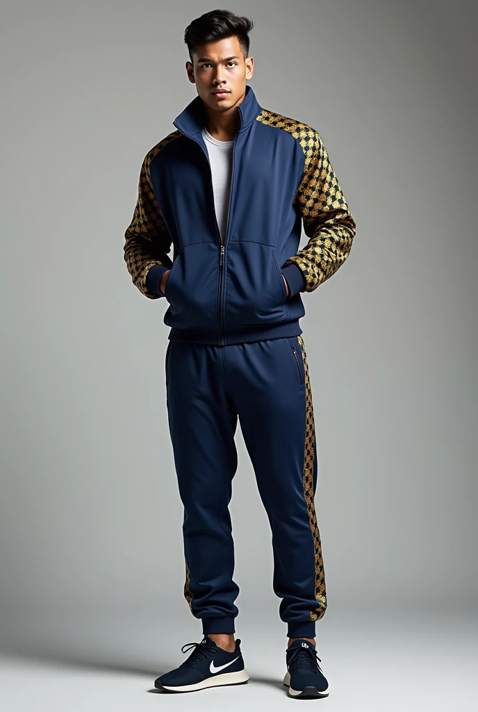 Create navy blue and gold combition tracksuit men checked tracksuir