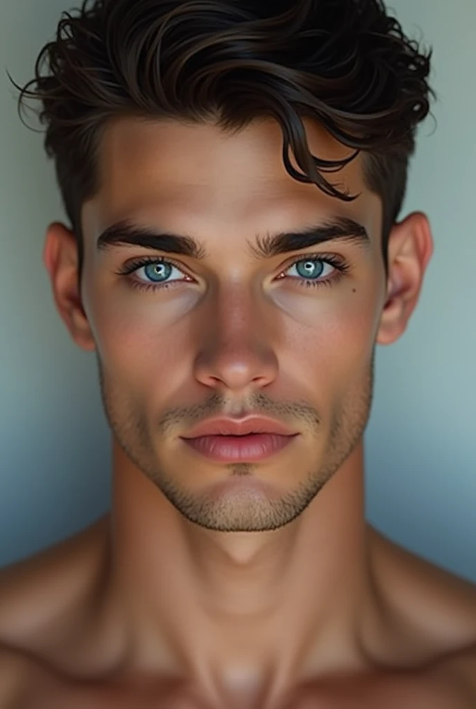 a boy/man having deep beautiful blue eyes with long eyelashes
having silky dark short hair
fair skin no beard tall with aps and biceps