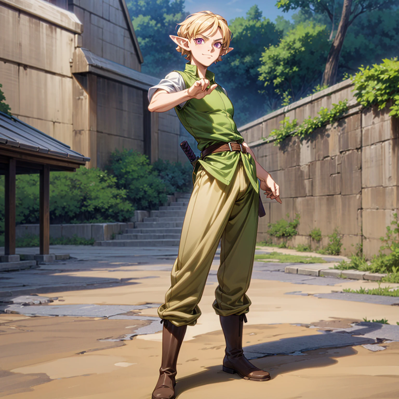 Solo character, full body version, young man, muscle, (elf), purple eyes, blonde color hair, Curly haircut, soldier clothing, long brown pants, boots, outdoor, town, detailed background, detailed clothing, detailed hair, muscle, standing gesture, (food wars style art, one piece style art), happy eyes, Sword in hand 