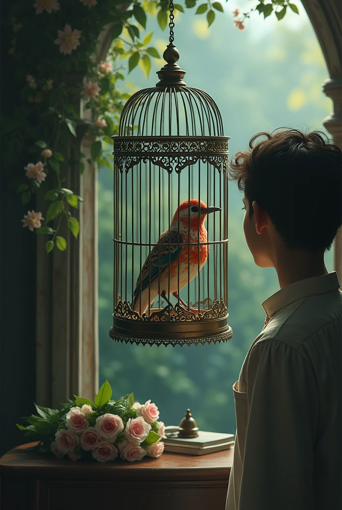 A bird inside a cage and a human outside looking at him