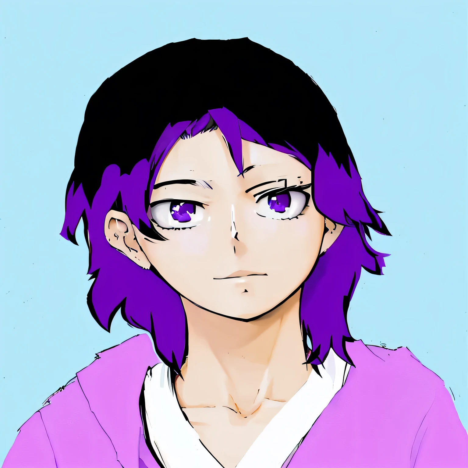 purple hair girl with black eyes and purple shirt, anime style portrait, in an anime style, hinata hyuga, in anime style, flat anime style shading, inspired by Kusumi Morikage, made with anime painter studio, semirealistic anime style, anime style character, kuvshinov, kuvshinov ilya, anime portrait, 2 d anime style