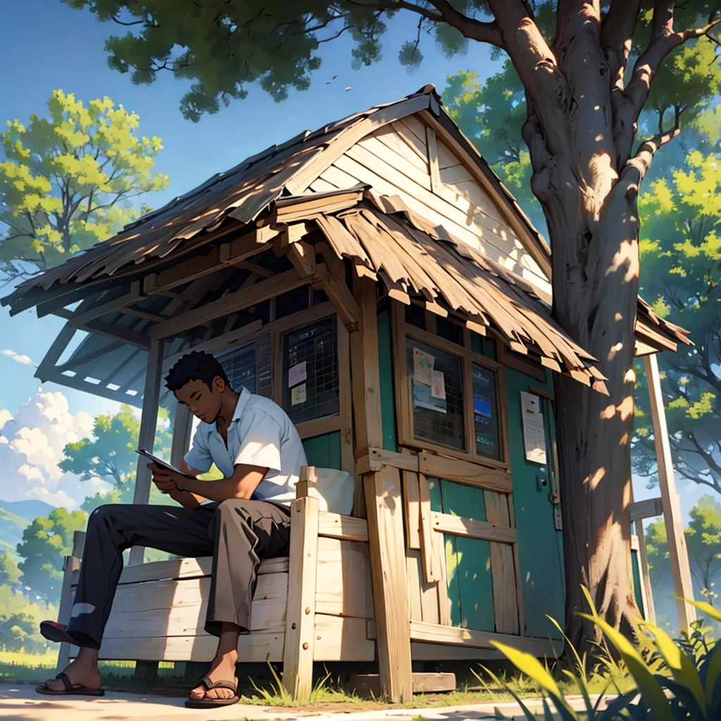 A black guy writing a love letter while sitter under a tree with a go view in front of him it should be animated