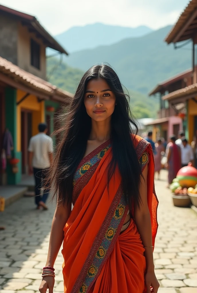 A young Indian women of 24 years normal body shape with black hair walking on streets of Hill station (Photo type Realistic)