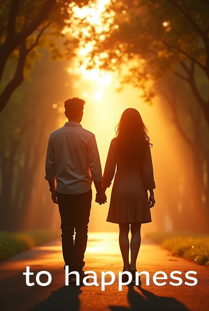 The words "TO HAPPINESS" written in large letters at the bottom of the screen, ((masterpiece, highest quality, Highest image quality, High resolution, photorealistic, Raw photo, 8K)), ((Extremely detailed CG unified 8k wallpaper)), The back view of a man and woman walking hand in hand, on a tree-lined street with sunlight filtering through the trees, the last scene of a romantic movie,