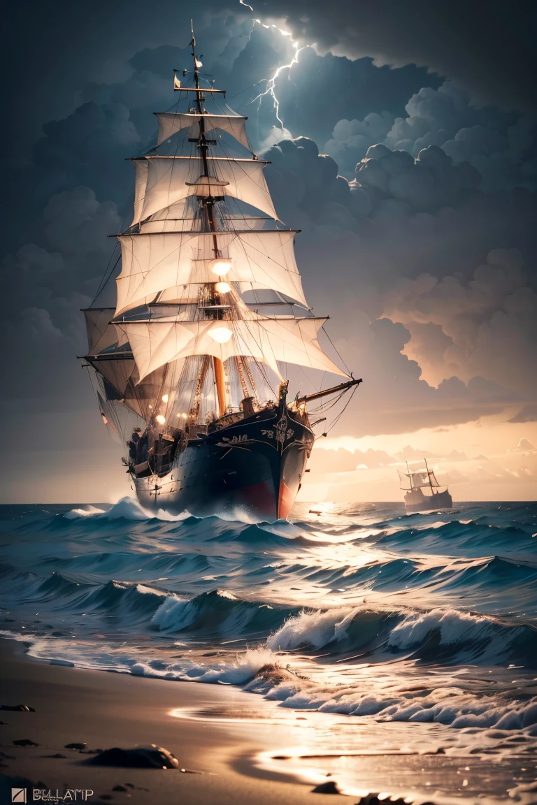 full body Pirate Queen, braided red hair with sideburns, blue eyes, red lips, big breasts, broad athletic shoulders, slim waist, long shapely legs, gloomy gaze, white baggy-new shirt, black leather vest, brown leather pants, wide brown belt, brown high boots , standing on a rocky shore of a beach looking at the sea, night, dark, stormy sea, fog, dark clouds, a 17th century masted ship in the distance, dramatic mood, Hollywood movie style foto realistic high quality high resolution 3d effect unreal engine image